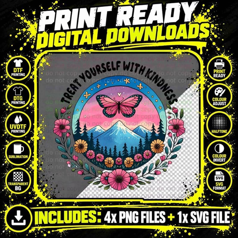 Treat Yourself with Kindness Boho Floral Quote T-Shirt Png SVG Digital Bundle