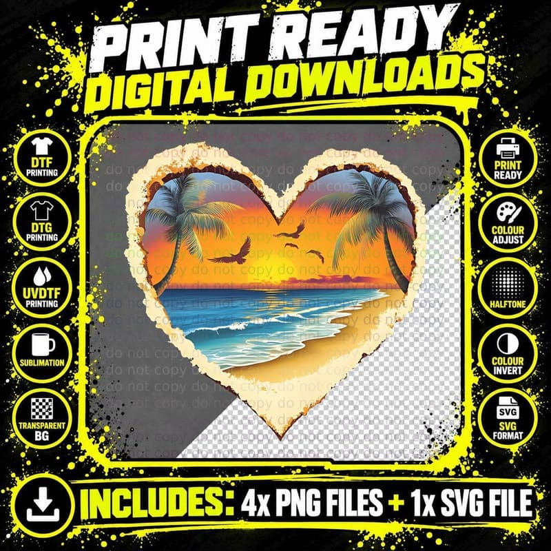 Tropical Beach Sunset Heart Outdoor Adventure T-Shirt Png SVG Digital Bundle