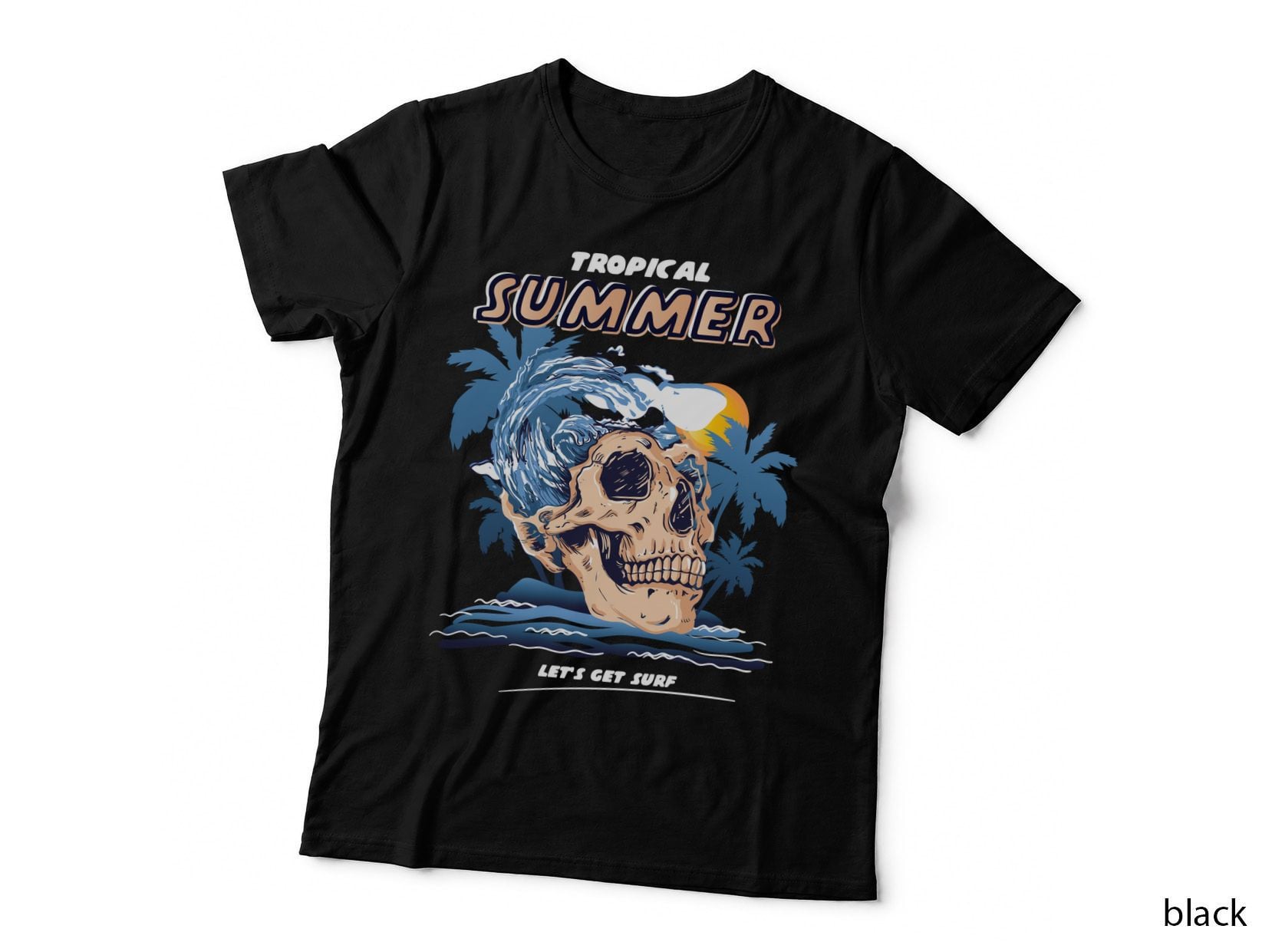 Tropical Surfer Summer Let's Get Surf Skull Surfing Palm Trees Beach T-Shirt