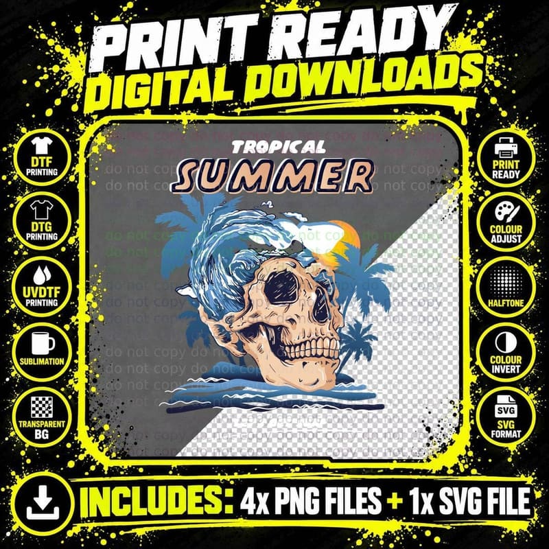 Tropical Surfer Summer Let's Get Surf Skull Surfing Palm Png SVG Digital Bundle