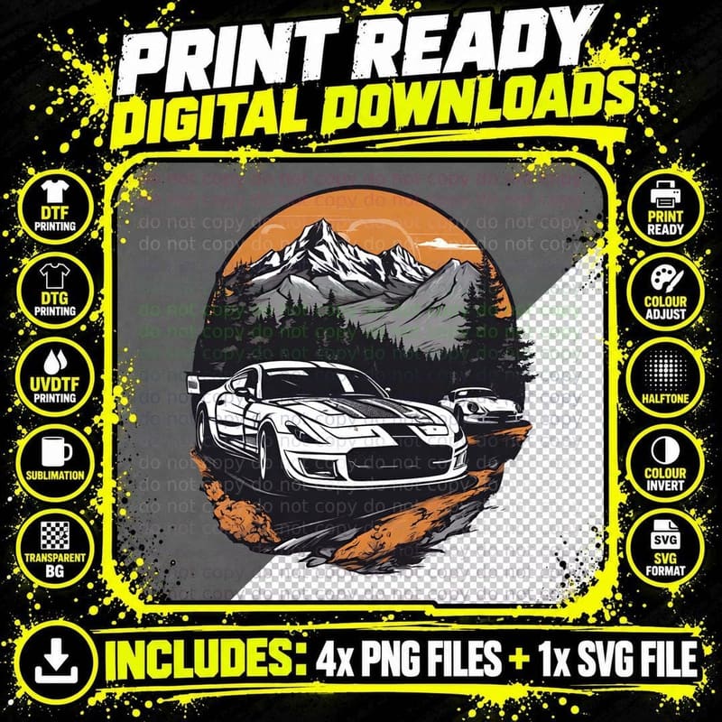 Twin Peak Racing White Black Orange Sports Car Mountain Png SVG Digital Bundle