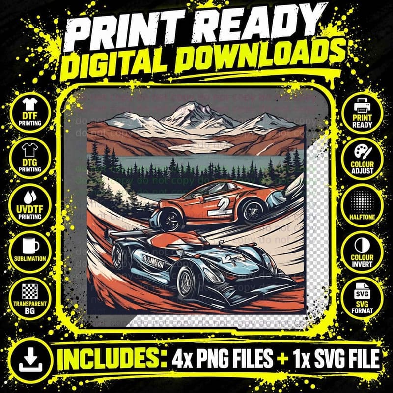 Two Race Cars Champion Red Blue Racing Mountain Vintage Png SVG Digital Bundle