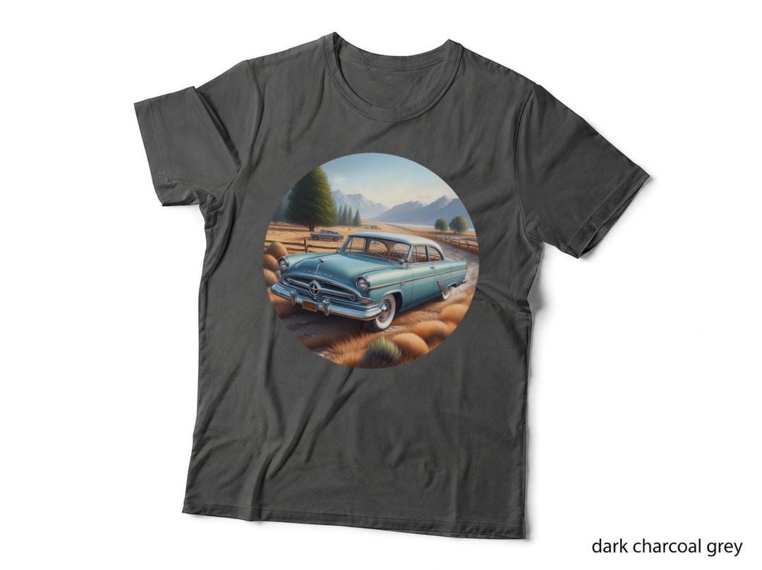 Vintage Car Mountain Pass Blue 1950s on Road Scenic Landscape Alpine T-Shirt