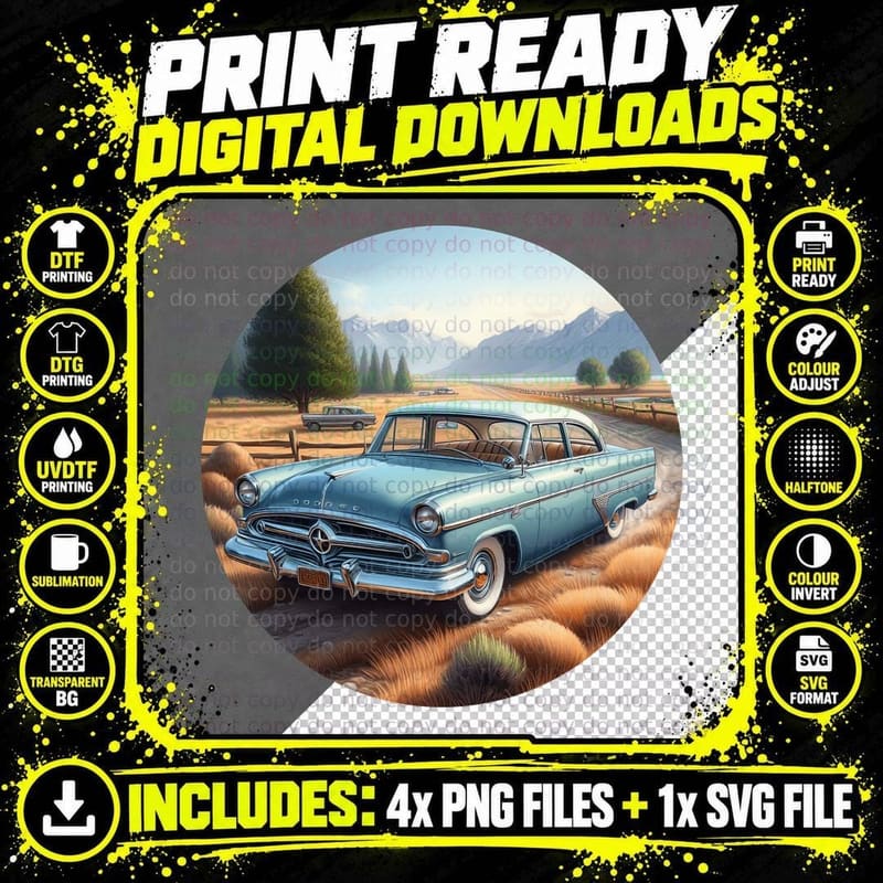 Vintage Car Mountain Pass Blue 1950s on Road Scenic Png SVG Digital Bundle