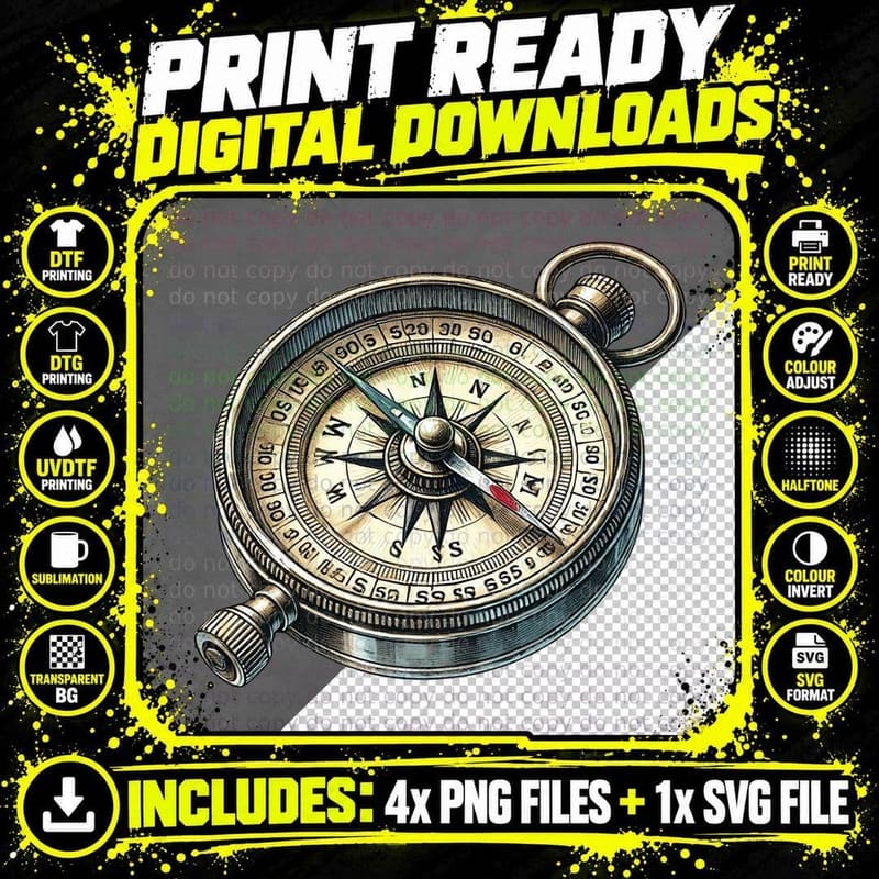 Vintage Compass Illustration Outdoor Adventure T-Shirt Png SVG Digital Bundle