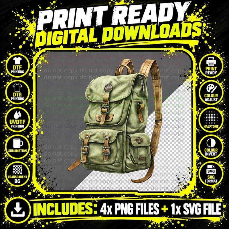 Vintage Green Backpack with Brown Straps Camping T-Shirt Png SVG Digital Bundle