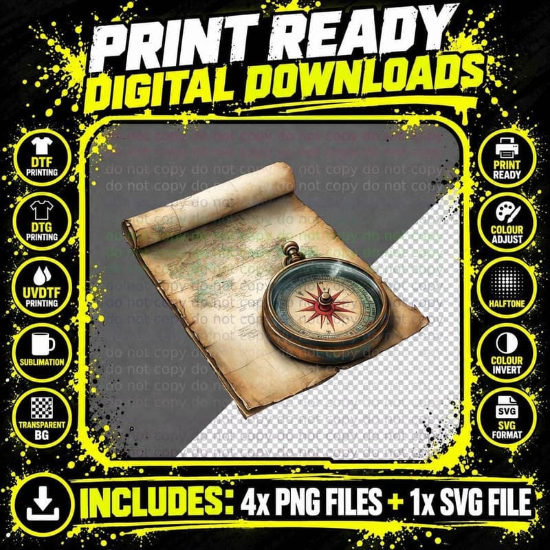 Vintage Map and Compass Camping T-Shirt Png SVG Digital Bundle