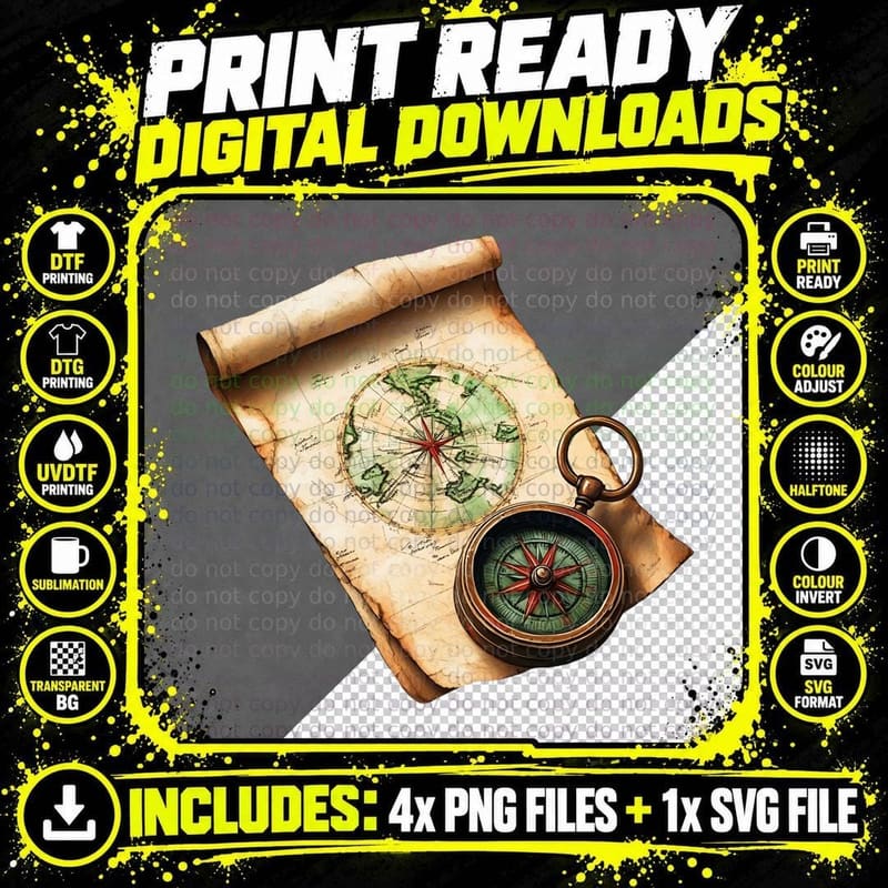 Vintage Map and Compass Camping T-Shirt Png SVG Digital Bundle