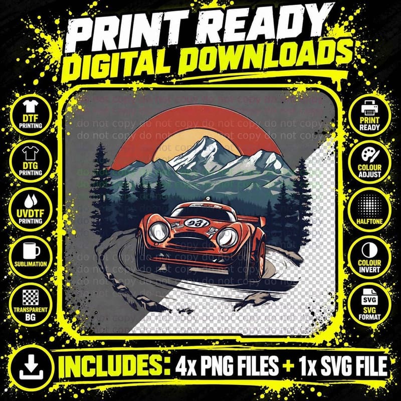 Vintage Mountain 93 Red White Race Car Number Sunset Png SVG Digital Bundle
