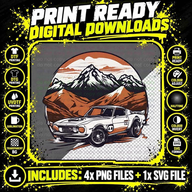 Vintage Mountain Racer White Orange Race Car Desert Png SVG Digital Bundle