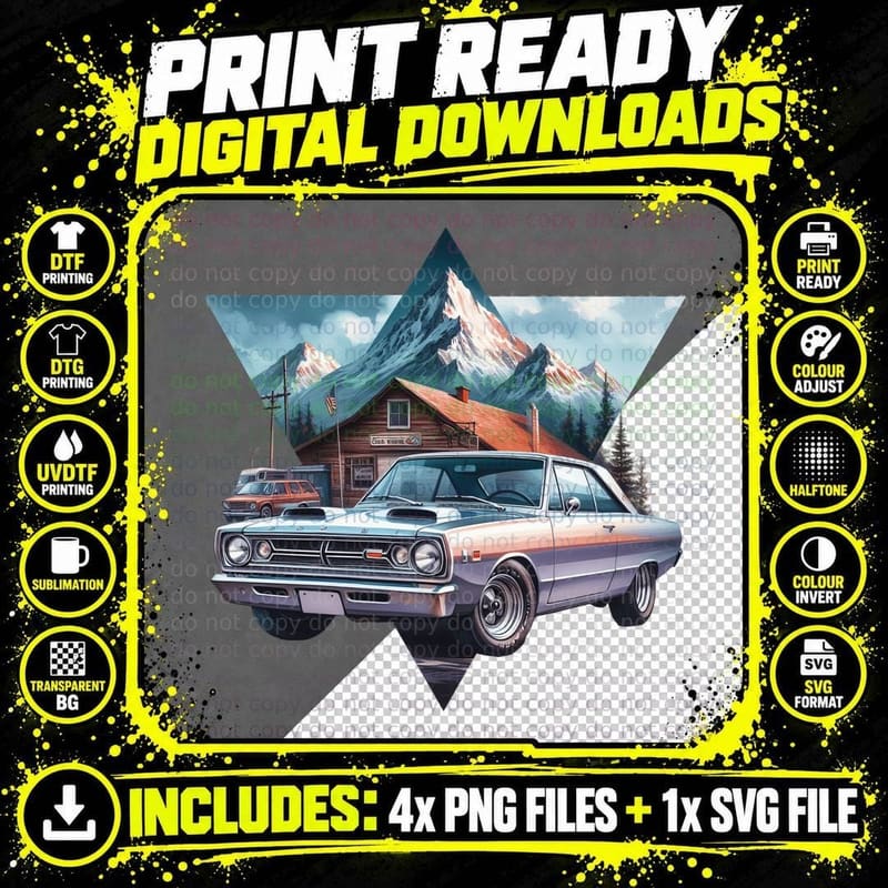 Vintage Muscle Car Purple Barn Mountain Backdrop T-Shirt Png SVG Digital Bundle