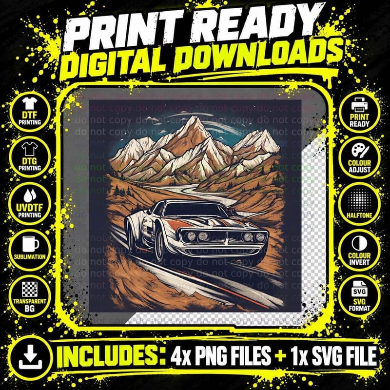 Vintage Muscle Mountain White Red Classic Car Night Png SVG Digital Bundle