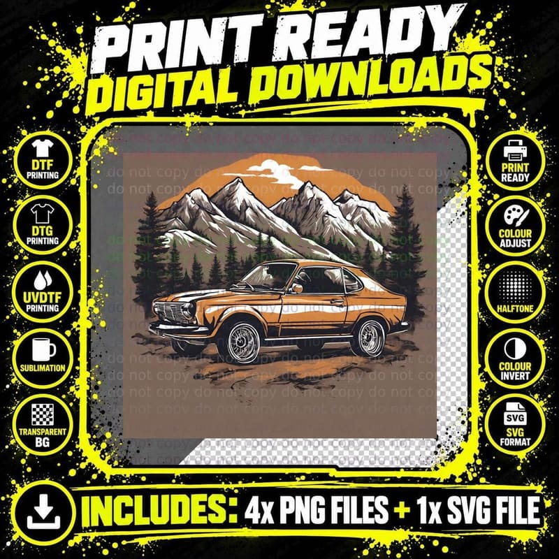 Vintage Orange Car Teal Mountain Scenic T-Shirt Png SVG Digital Bundle