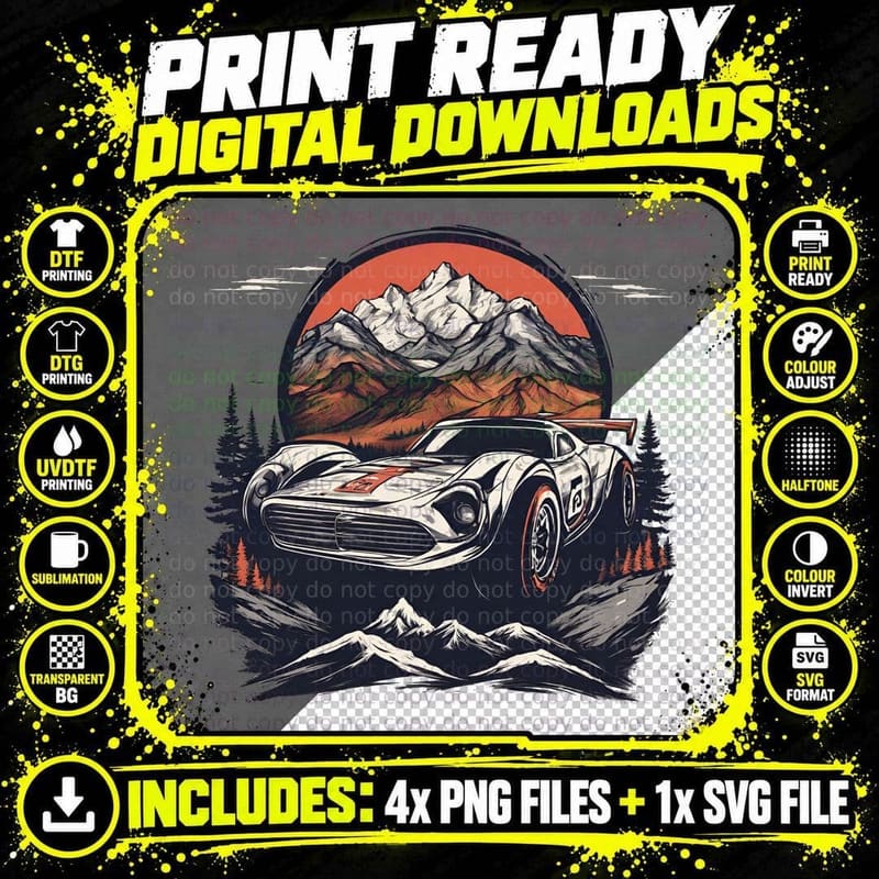 Vintage Rally Car Orange White Race Mountain Backdrop Png SVG Digital Bundle