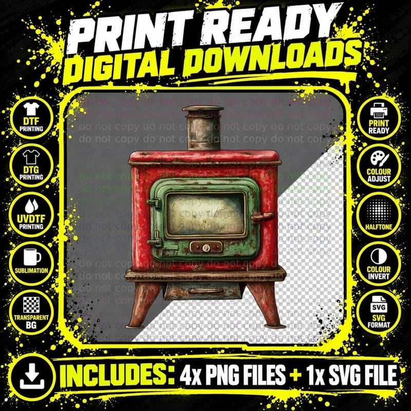 Vintage Red Stove with Green Door Camping T-Shirt Png SVG Digital Bundle