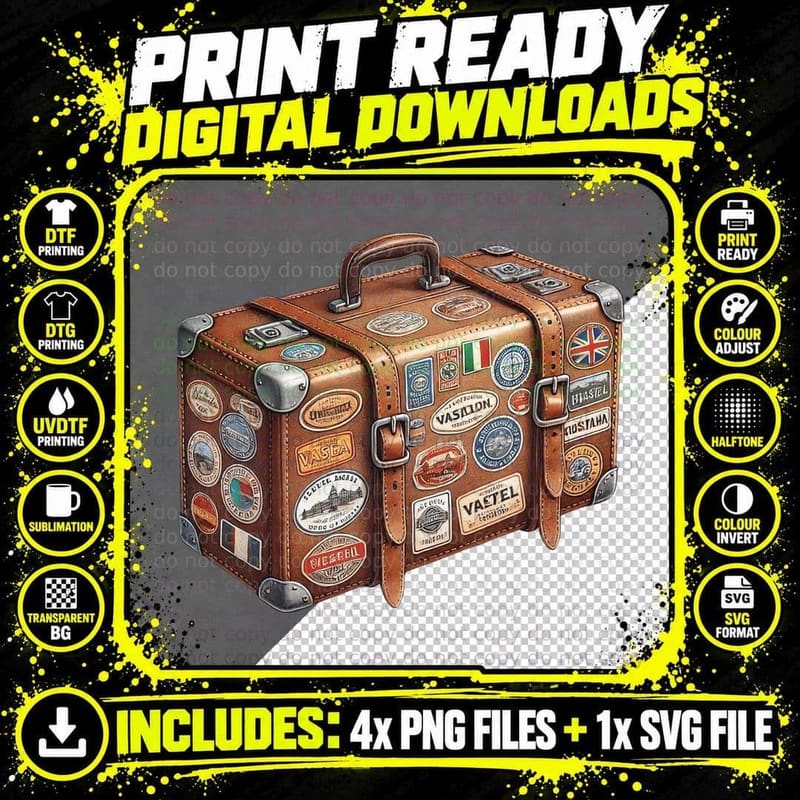 Vintage Suitcase Adorned with Travel Stickers Outdoor Png SVG Digital Bundle