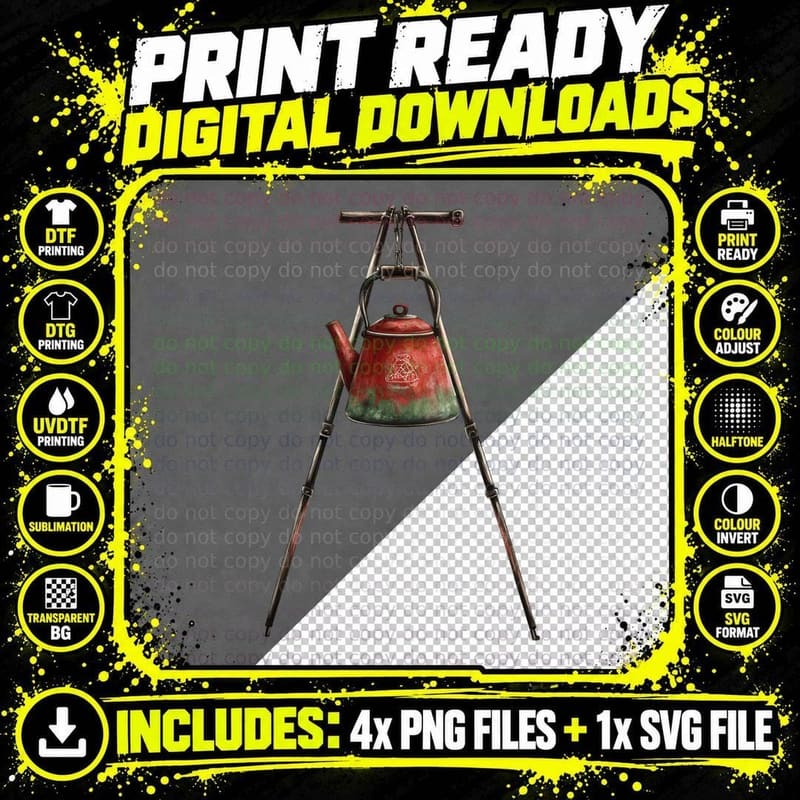 Vintage Teapot on Tripod Stand Camping T-Shirt Png SVG Digital Bundle