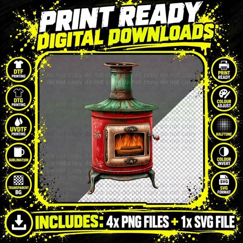 Vintage Wood Stove with Flames Camping T-Shirt Png SVG Digital Bundle