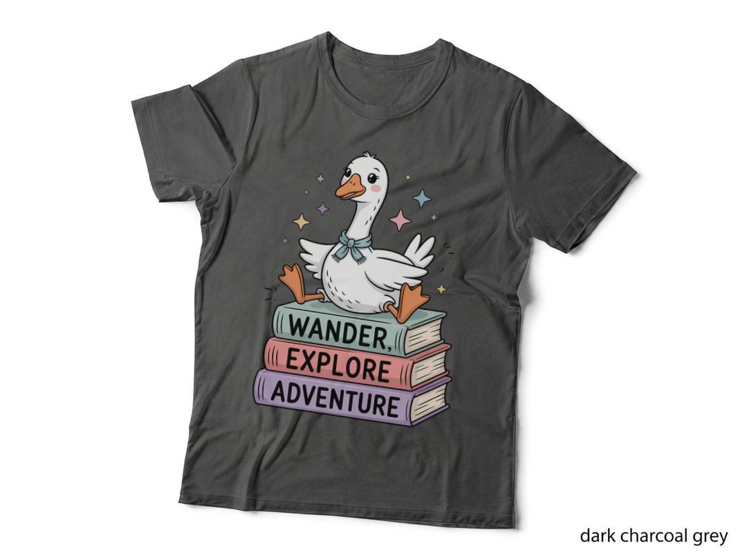 Wander Explore Adventure Funny Goose T-Shirt, Duck on Books with Stars Graphic