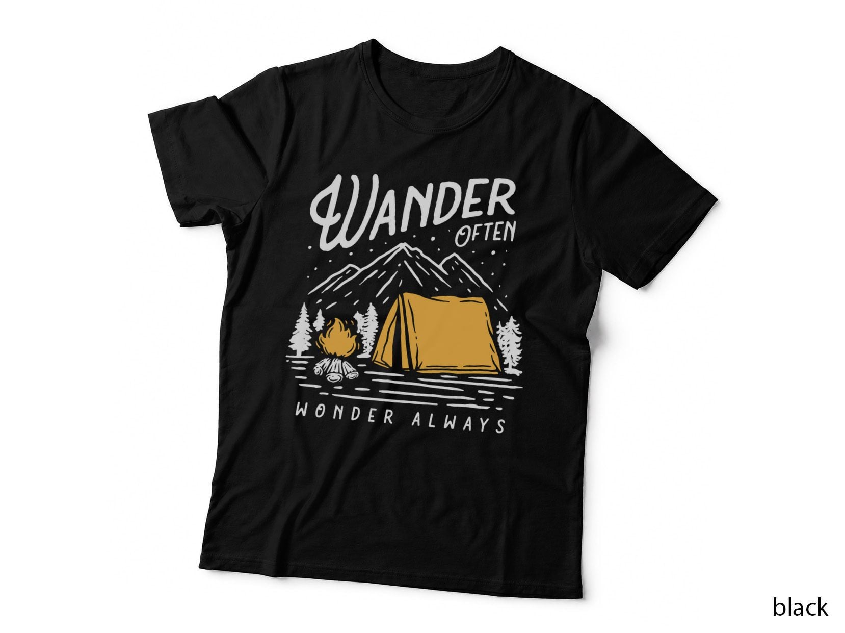 Wander Often Wonder Always Tent Campfire Mountains Outdoor Adventure T-Shirt