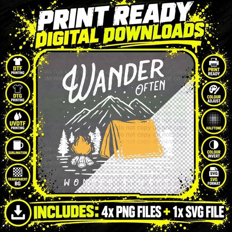 Wander Often Wonder Always Tent Campfire Mountains Png SVG Digital Bundle