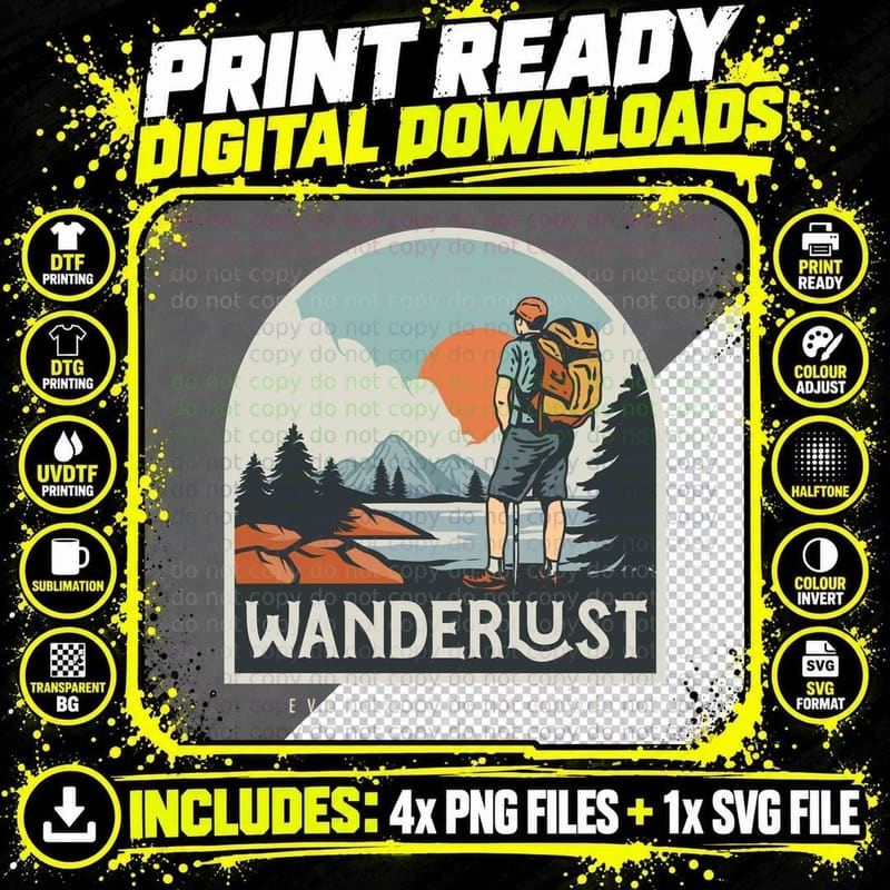 Wanderlust Everywhere Is Home Vintage Hiker Mountain Png SVG Digital Bundle