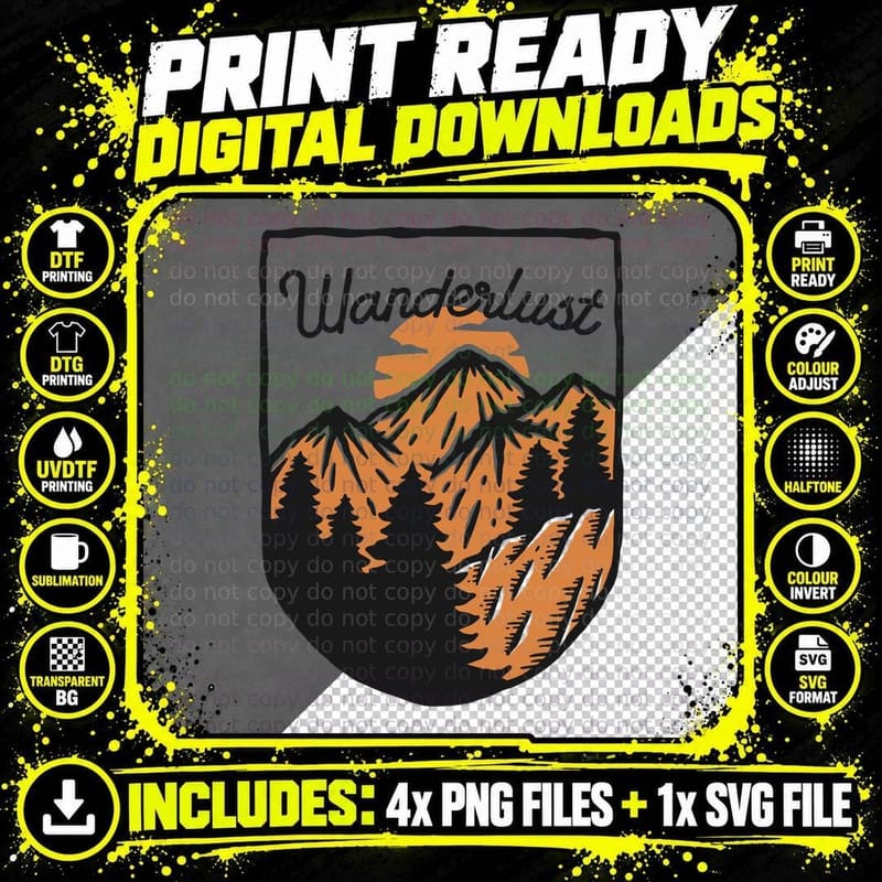 Wanderlust Mountain Landscape Orange Sunset Hiking Png SVG Digital Bundle