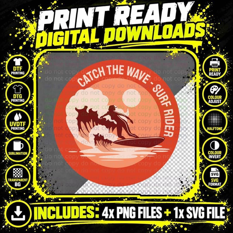 Wave Surfer Catch the Surf Rider Circular Design T-Shirt Png SVG Digital Bundle