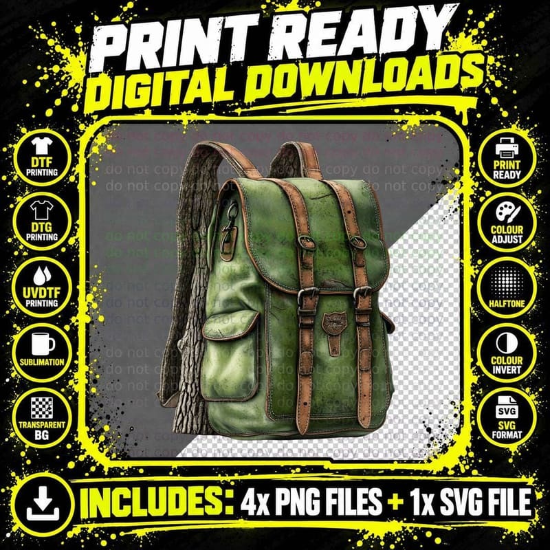 Weathered Green Backpack with Tree Trunk Straps Camping Png SVG Digital Bundle