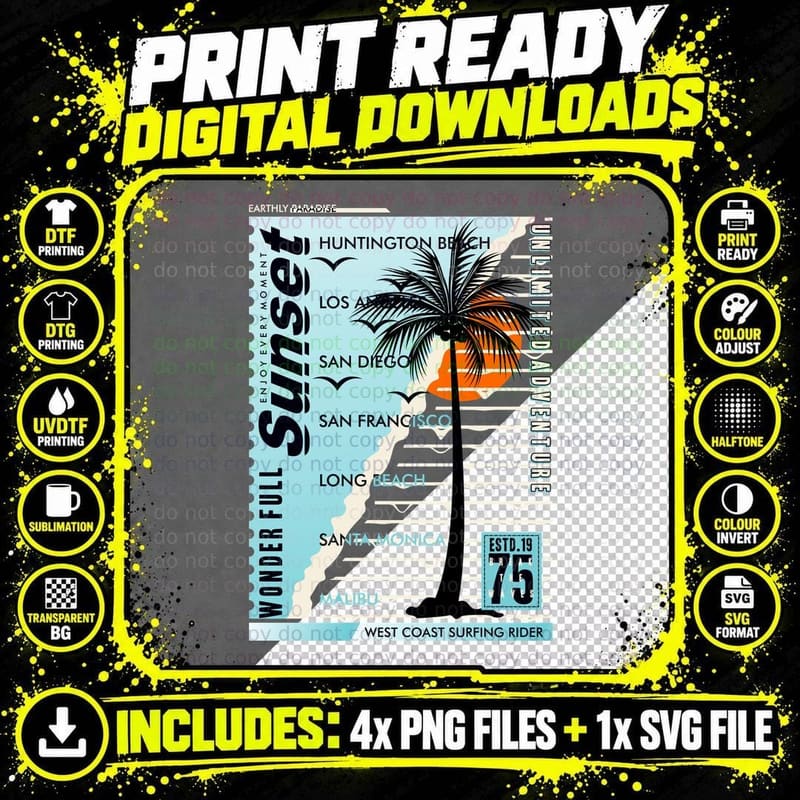 West Coast Surfing Rider Huntington Beach Surf Themed Png SVG Digital Bundle