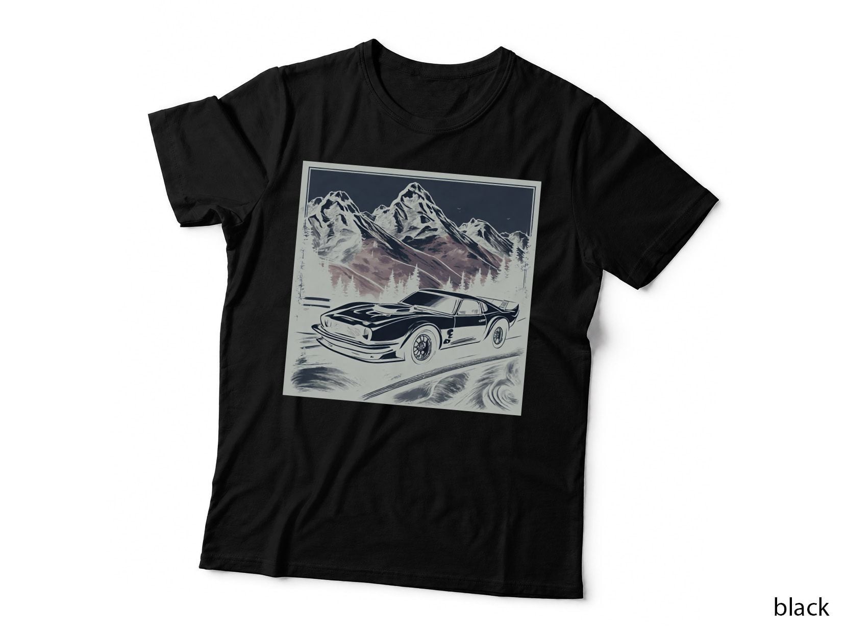 White Racing Car Black Mountain Landscape T-Shirt