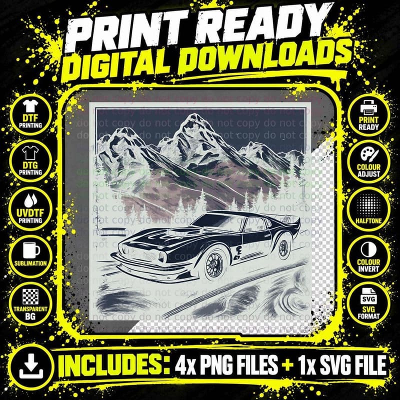 White Racing Car Black Mountain Landscape T-Shirt Png SVG Digital Bundle
