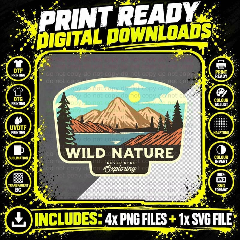 Wild Nature Never Stop Exploring Vintage Outdoor Badge Png SVG Digital Bundle