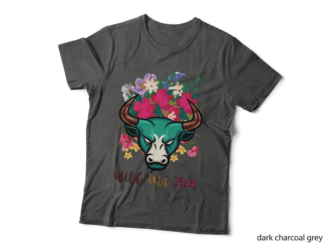 Wild and Free Camping T-Shirt, Bull Head Adorned with Flowers Graphic Tee
