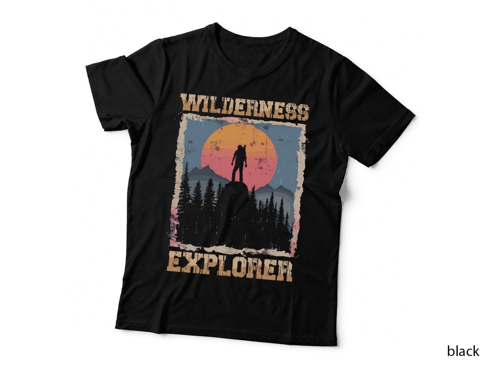 Wilderness Explorer Outdoor Adventure T-Shirt, Hiker Atop Mountain at Sunset