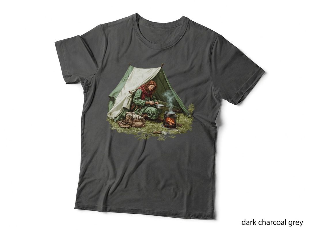 Woman Cooking in Tent with Fire Camping T-Shirt, Camping Graphic Tee