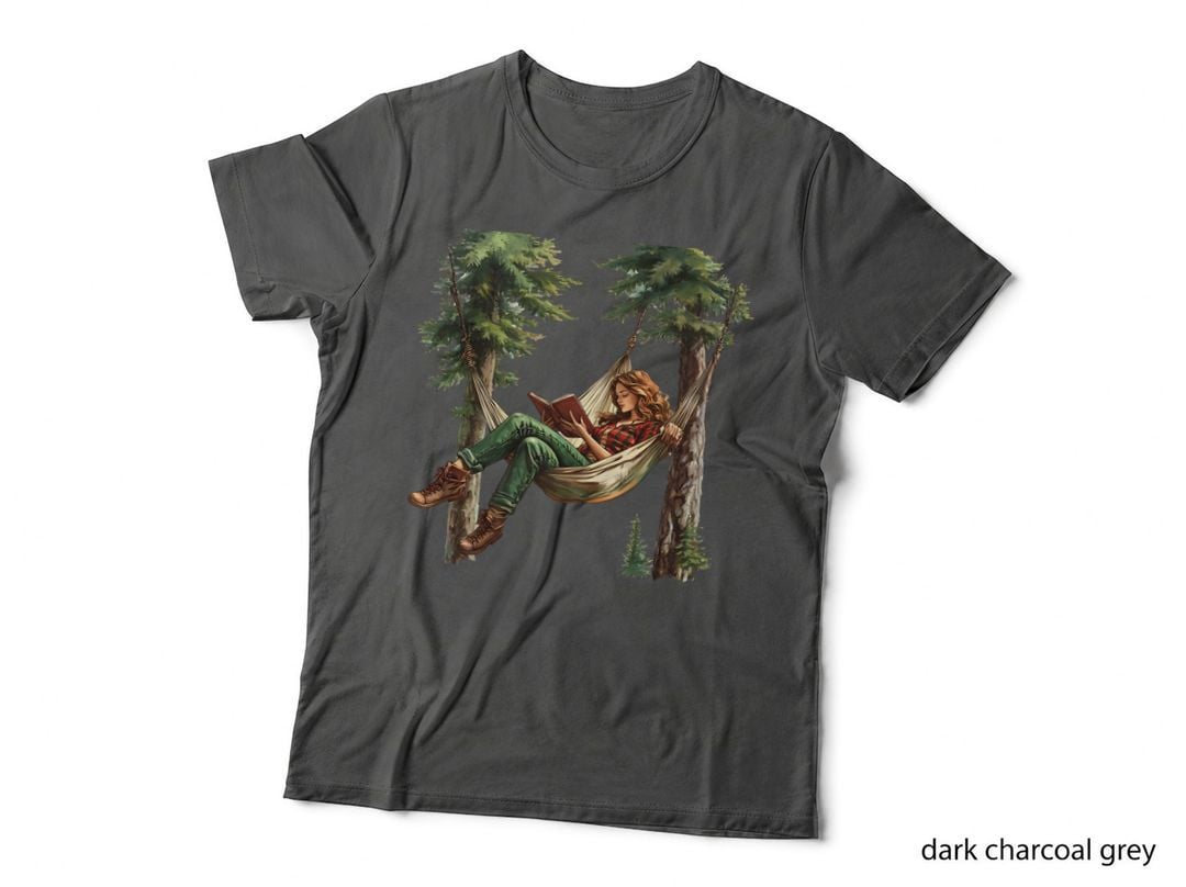 Woman Relaxing in Hammock Reading Book Camping T-Shirt, Camping Graphic Tee