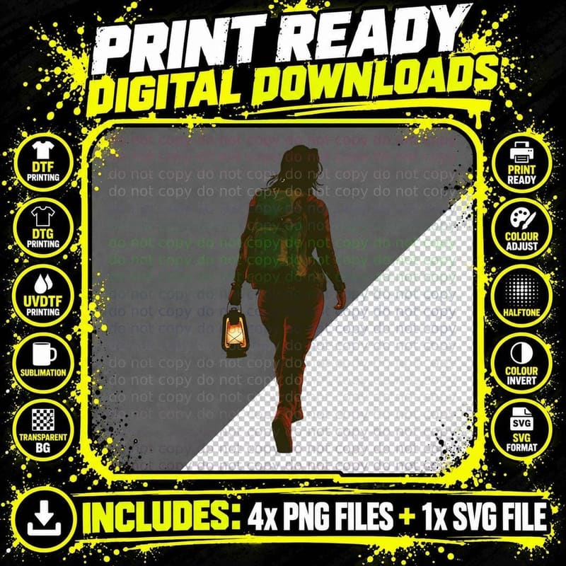 Woman Walking with Lantern Camping T-Shirt Png SVG Digital Bundle