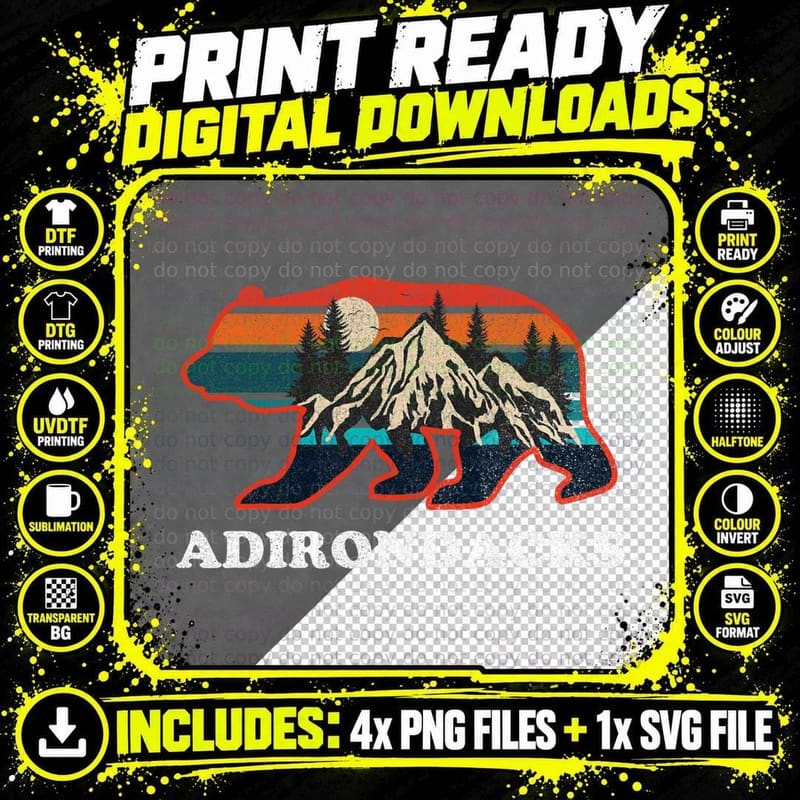 Adirondacks New York Ny Vintage Mountains Camping Bear Png SVG Digital Bundle