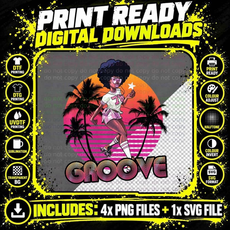 Afro Groove Roller Skate Retro 80s 70s Disco Funk Star Png SVG Digital Bundle