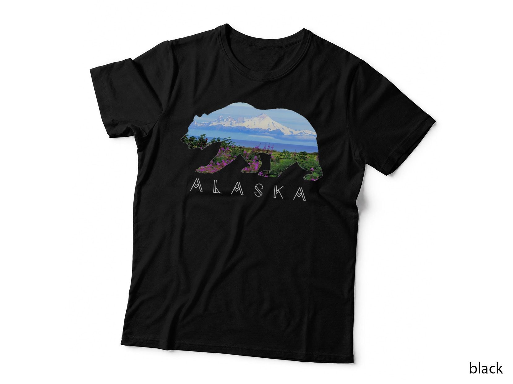 Alaskan Bear with Wildflowers & Mountain Snow, Alaska Nature T-Shirt