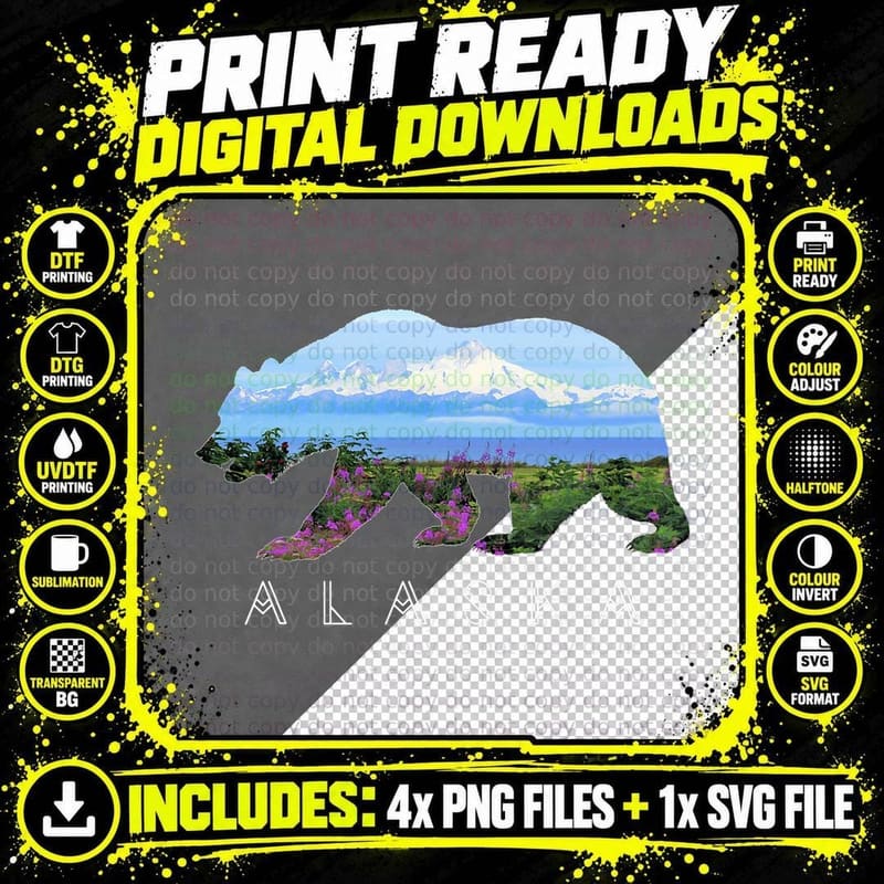 Alaskan Bear with Wildflowers & Mountain Snow Png SVG Digital Bundle