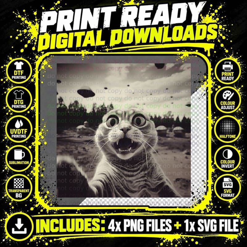 Alien Cat UFO Invasion Selfie, Space Adventure Png SVG Digital Bundle