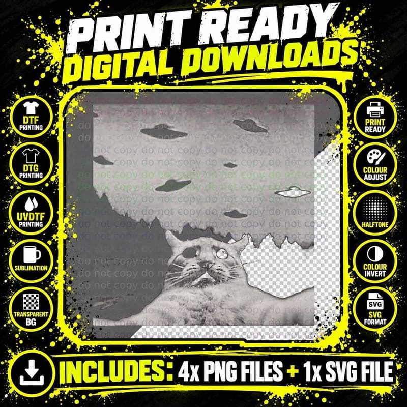 Alien UFO Funny Cat, Space Adventure, Cosmic Humor Png SVG Digital Bundle