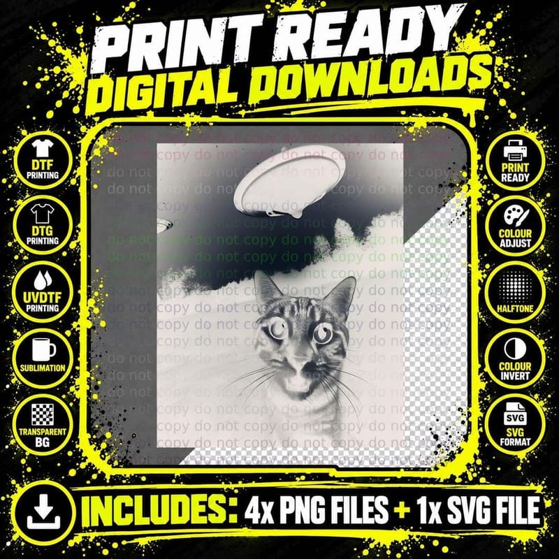 Alien UFO Spaceship Flying Saucer Funny Cat Png SVG Digital Bundle
