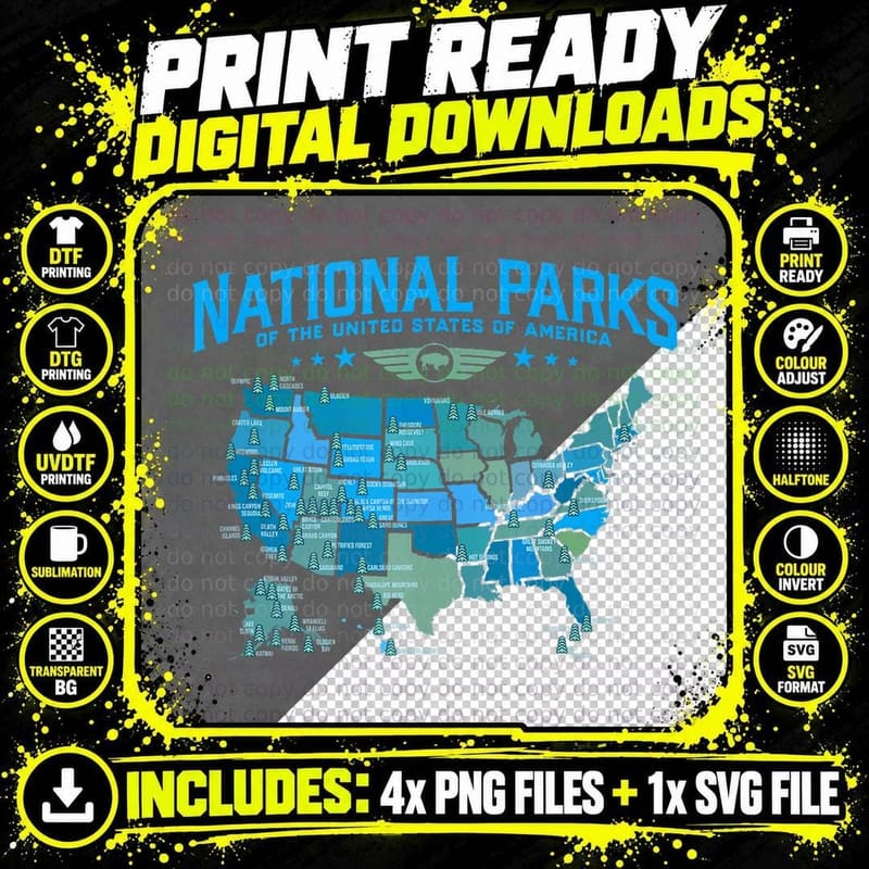 All U.s National Parks Map Camping 80s Graphic Png SVG Digital Bundle