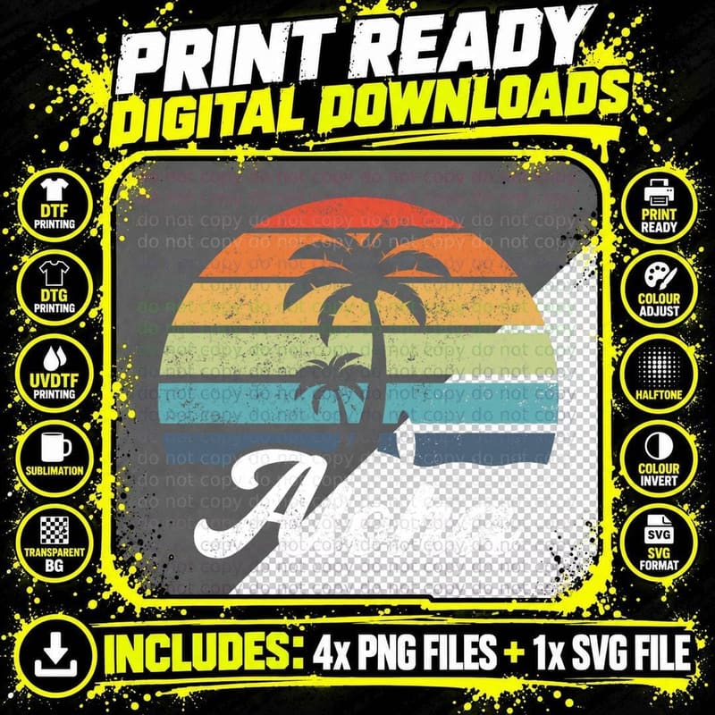 Aloha Hawaii Hawaiian Island Shirt Palm Beach Surfboard Png SVG Digital Bundle