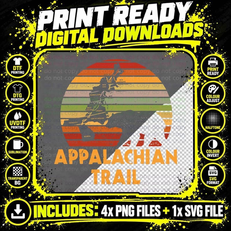 Appalachian Trail Map with Bear, Hiking Gear Png SVG Digital Bundle