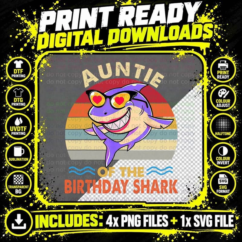 Auntie of the Shark Birthday Matching Family Png SVG Digital Bundle