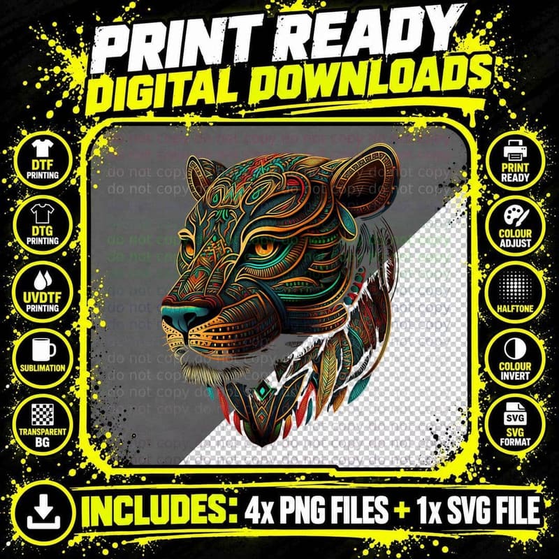 Azteca Mountain Lion Indigenous Aztec Art Colorful Png SVG Digital Bundle